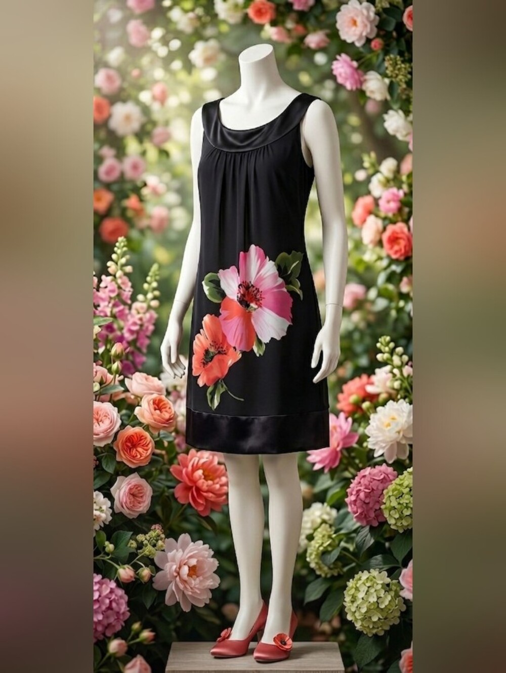 Black Floral Shift Dress with Pink & Coral Blooms